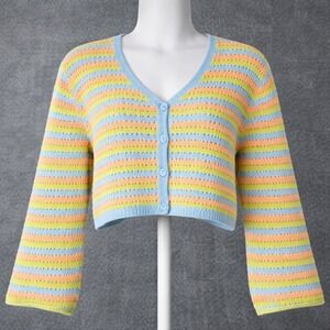 Time After Time Women's Cropped Cardigan Cotton Pastel Stripe Button Front Large